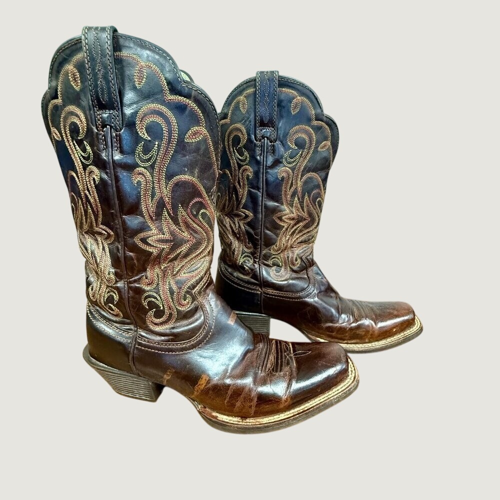 Ariat‎ Womens Brown Leather Embroidered Square Toe Western Cowboy Boots Size 8.5